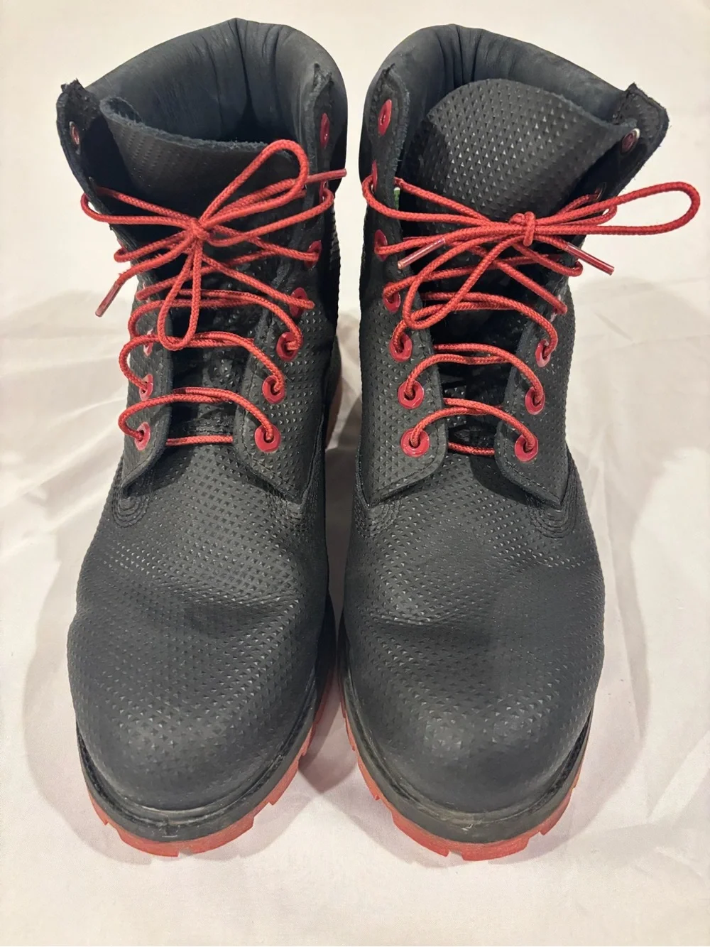 Timberland Premium 6 Inch Waterproof Boots Helcor Leather Black Red Bottoms 11.5